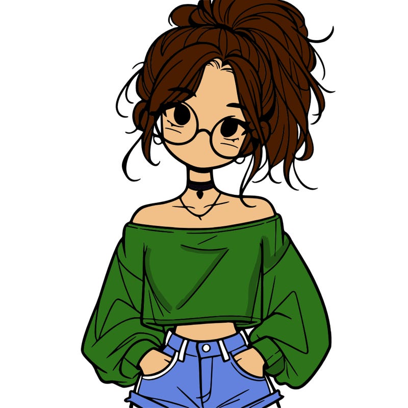 girl with a messy ponytail glasses a baggy crop top and jean shorts