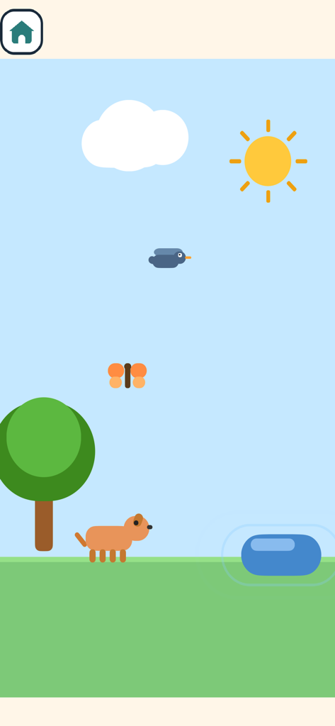 MiniKids Ultimate - Escena minimalista de la naturaleza al aire libre para niños pequeños con un sol, nube, pájaro, mariposa y perro.