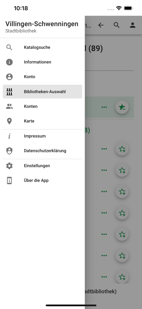 mobilOPAC YourBibアプリのサイドメニュー、ドイツ語での図書館ナビゲーションオプションを表示