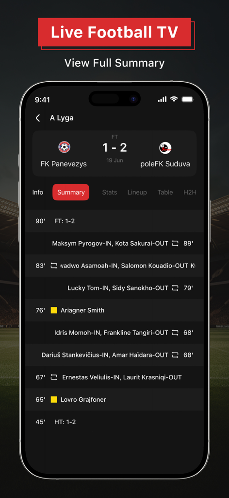 Streaming HD: Live Football TV - Una pantalla de teléfono móvil que muestra un resumen detallado de un partido de fútbol con el marcador final y la cronología de los eventos del juego.