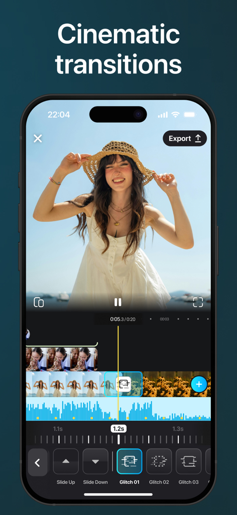 SnapCut: AI Video Editor Maker - SnapCut app interface demonstrating cinematic video transitions and multi-track timeline editing