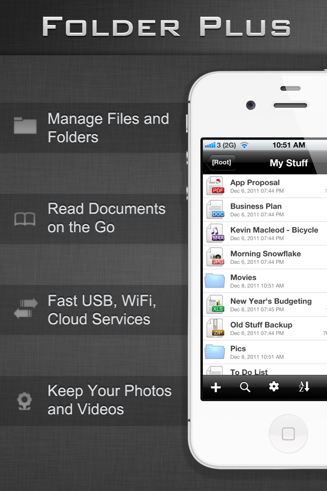 File Manager - Folder Plus - Screenshot of Folder Plus app showing file management features on an iPhone including document reading and cloud service integration.