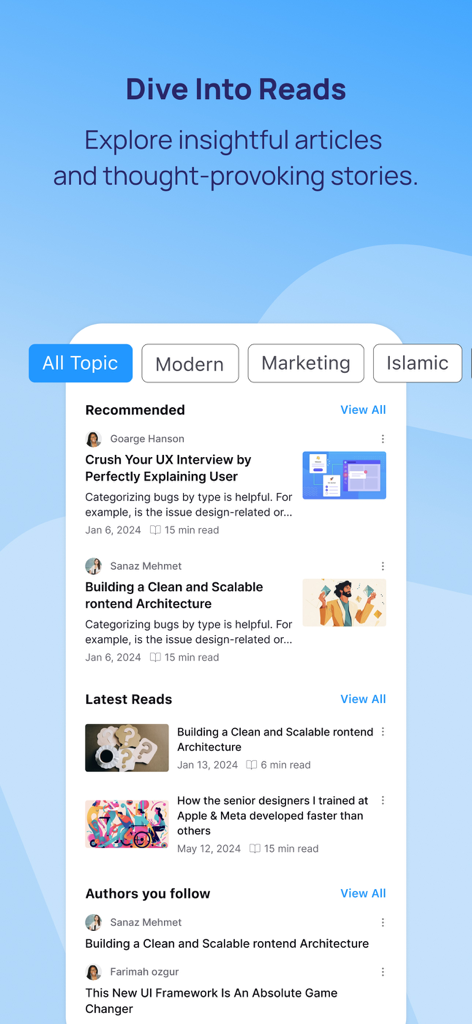 Reab: Safe Social & Supper App - Reab app interface displaying a curated feed of educational and insightful articles for users