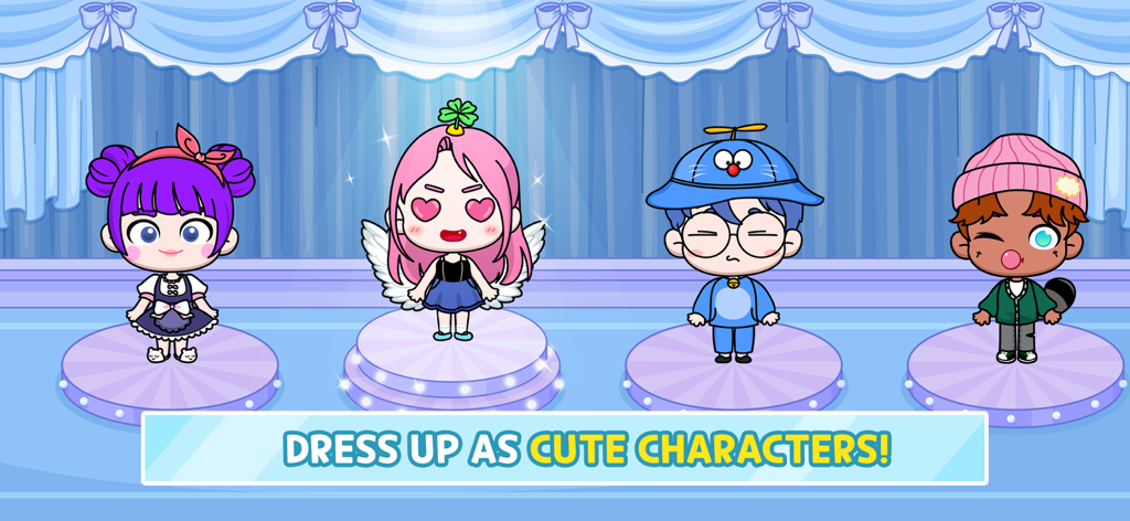 Avatar Life: My World - Quatre personnages mignons personnalisables se tenant sur scène dans Avatar Life My World