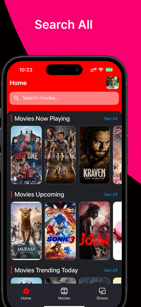 Binge Me - Binge Me app home screen showing movies now playing and upcoming releases with a search bar