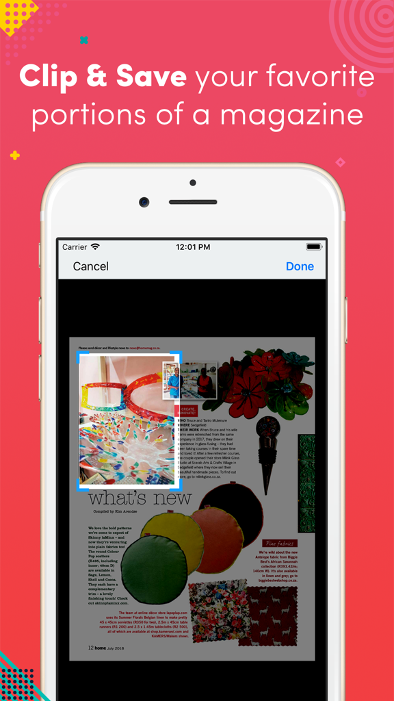 Home South Africa - A mobile screen showing how to clip and save magazine sections in the Home South Africa app