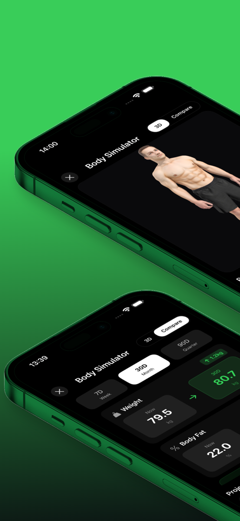 BodyMorpher: 3D Body Tracker - Two iPhones showing the BodyMorpher app interface with a 3D body simulator and fitness tracking data