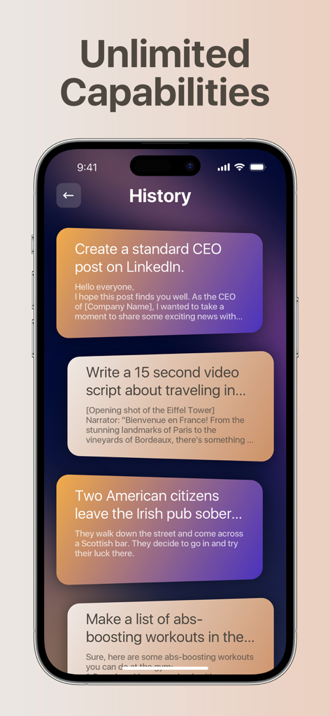 ChatMind - Instant AI Chat Bot - ChatMind app screen showing a history of AI generated content including LinkedIn posts and video scripts