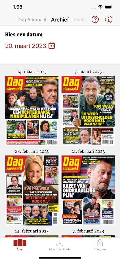 A secção de arquivo da app Dag Allemaal mostrando uma coleção de edições semanais passadas da revista com as suas respetivas datas de capa