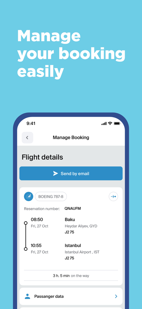 AZAL - Book Flight Ticket - AZAL mobile app screen showing flight details and booking management options