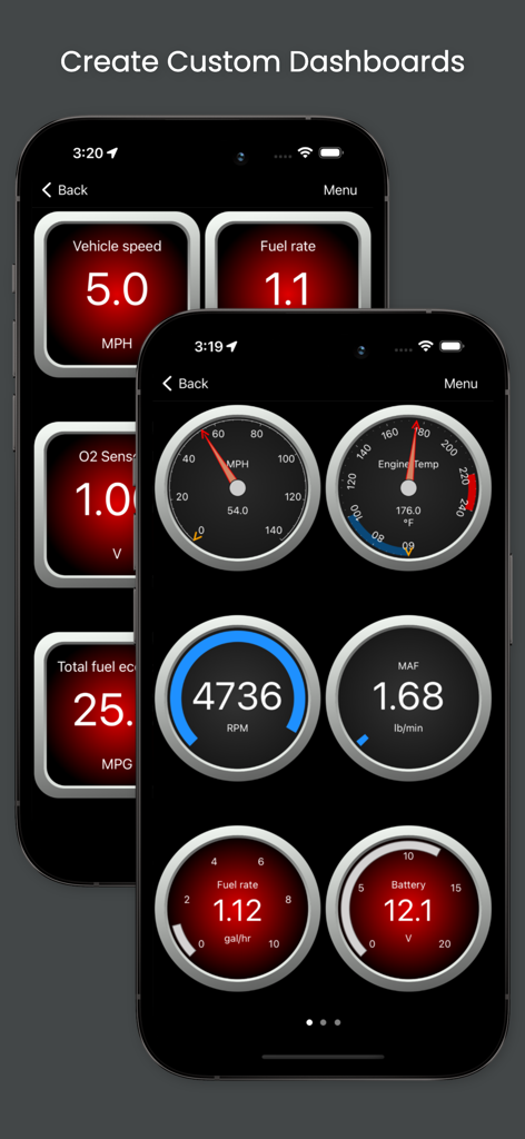 OBD Fusion app displaying custom car dashboards with real time diagnostic gauges