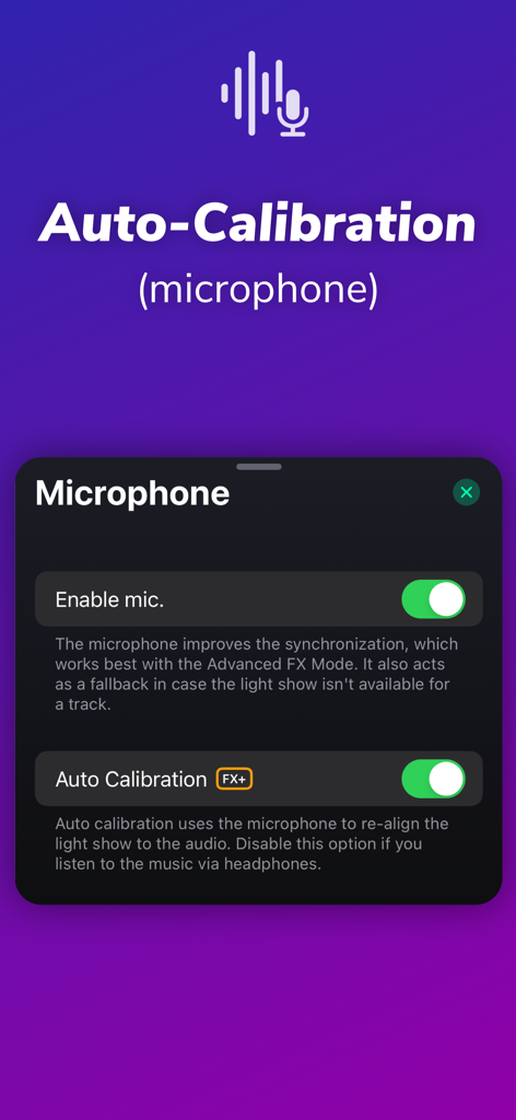 iLightShow for Philips Hue - Microphone auto-calibration settings for syncing smart lights with music in the iLightShow app.