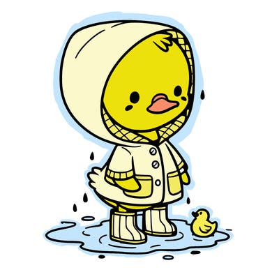baby duck in a rain coat and boots, in a puddle while it’s raining