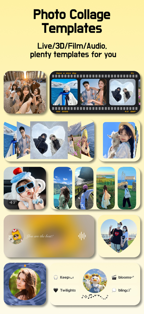 Modelli di collage fotografici estetici per la personalizzazione della home screen dell'iPhone, inclusi stili pellicola e cuore.