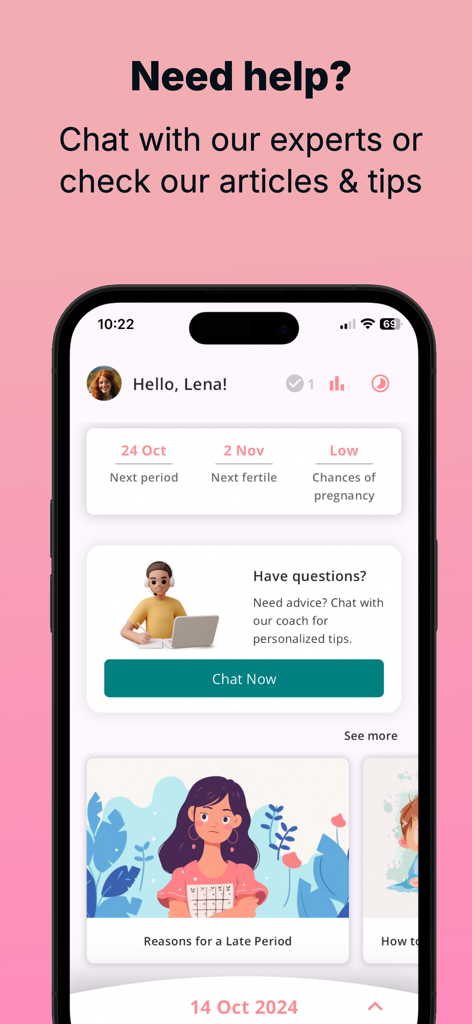 WomenCalendar: Periods & Cycle - Interface of the WomenCalendar app showing period cycle tracking information and a button to chat with a health coach