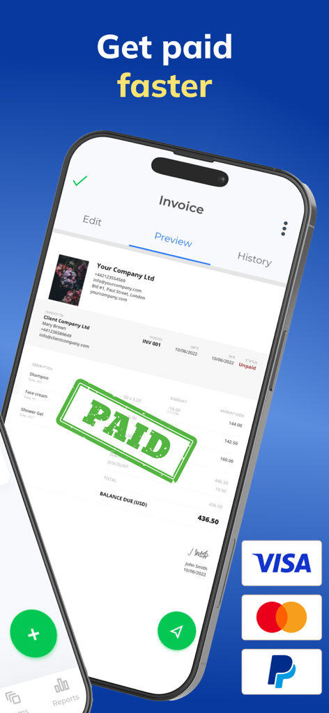 Zintego - Invoice Maker - Interface do aplicativo móvel mostrando uma fatura profissional com um selo verde de pago e logotipos de pagamento.