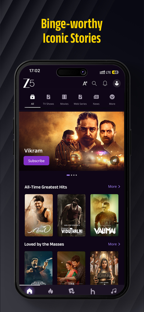 Interfaz de la aplicación móvil ZEE5 que muestra películas y programas de TV populares del sur de Asia en un smartphone