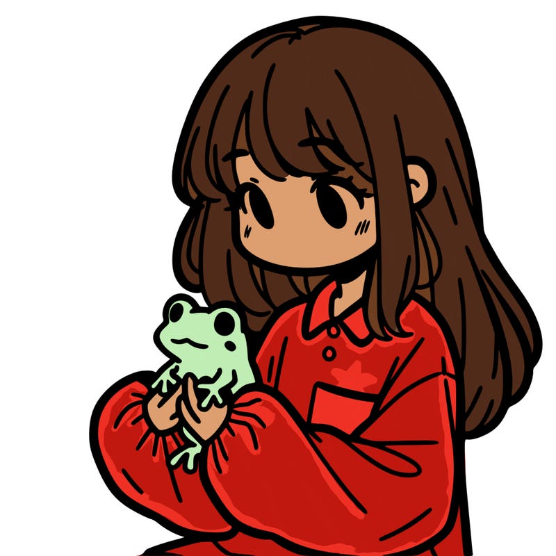 girl with long hair and a oversized shirt. and she is holding a frog