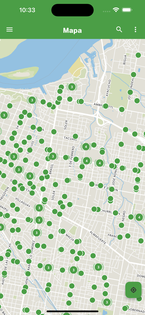 Arriba Paraná - Real time transit map interface of the Arriba Parana app showing bus stop locations and city routes