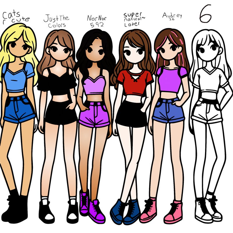 a group of girls wearing crop tops and shorts