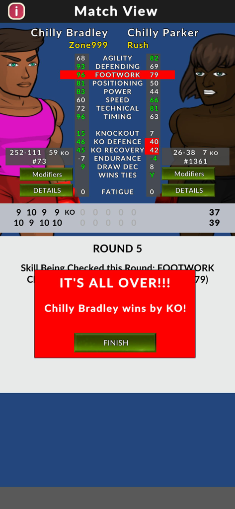 Ultimate Boxing Manager - Match view showing a knockout victory and fighter performance stats in Ultimate Boxing Manager.