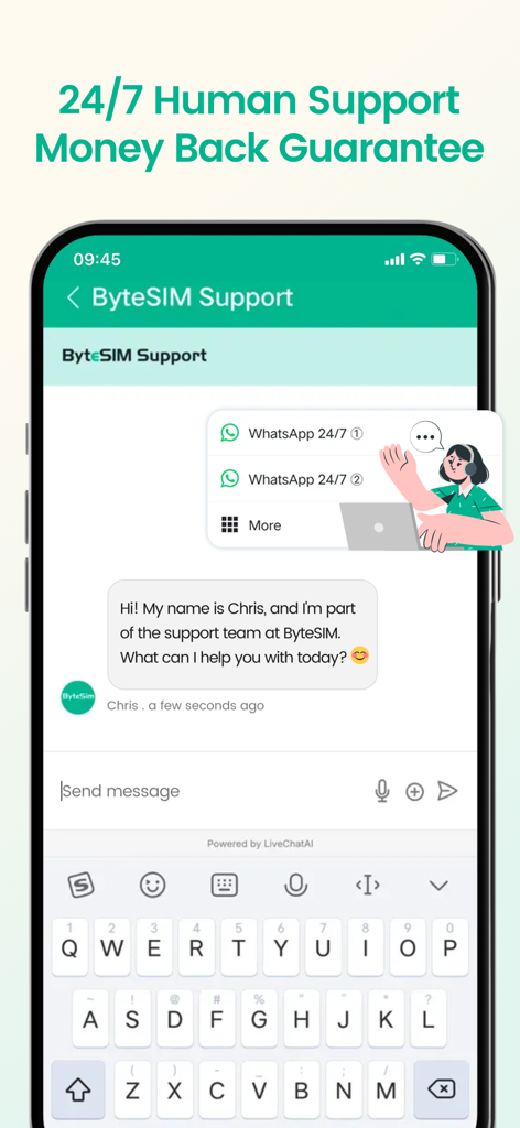 ByteSIM eSIM - Data Plan - Interface de l'application ByteSIM présentant un chat de support humain 24h/24 et 7j/7 et une garantie de remboursement