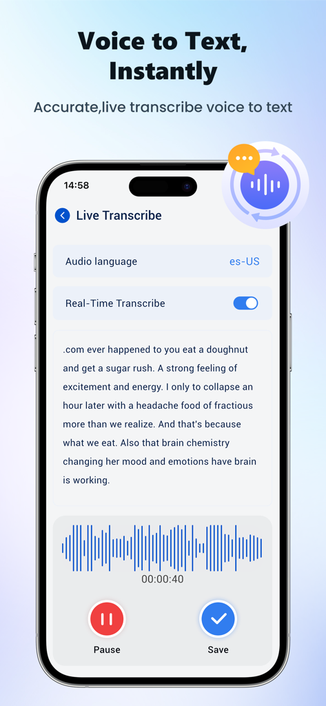 Sound Notes AI:Voice Assistant - Pantalla de smartphone que muestra transcripción de voz a texto en vivo con una forma de onda de audio