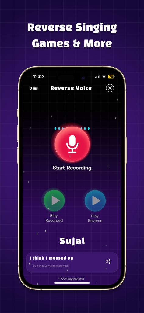 Un teléfono móvil que muestra la pantalla del juego Voz Inversa de la aplicación Imposter Party con botones de grabación y reproducción inversa.