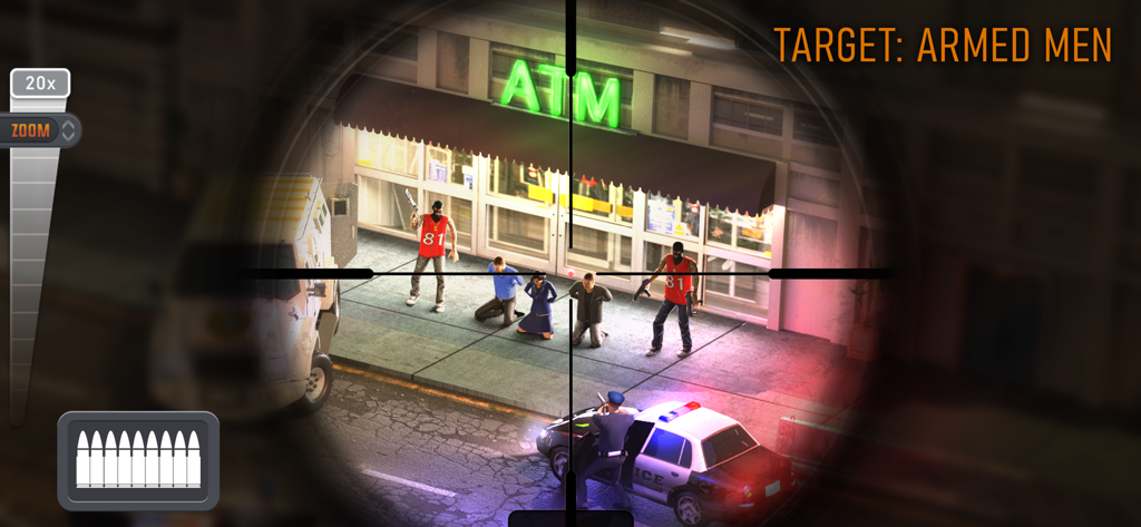 Sniper 3D gameplay showing a tactical sniper scope view targeting armed criminals during a bank robbery mission.
