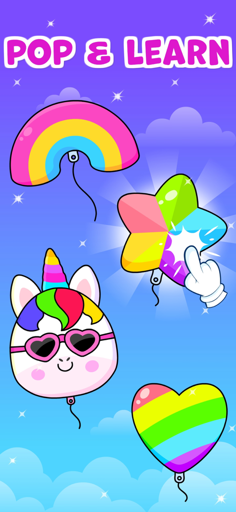 Attività educativa pop and learn nell'app Unicorn Preschool con palloncini con personaggi colorati