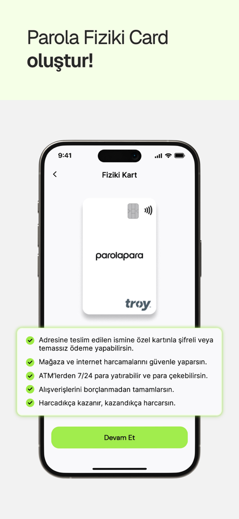 Parolapara: Para Gönder, Harca - Mobile app screen for ordering a physical Parolapara Troy card with listed features and benefits