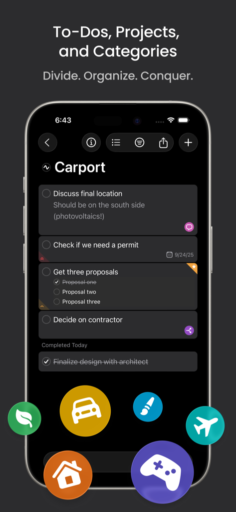 Firetask 5 - Firetask 5 iPhone screenshot showing project task lists and category icons