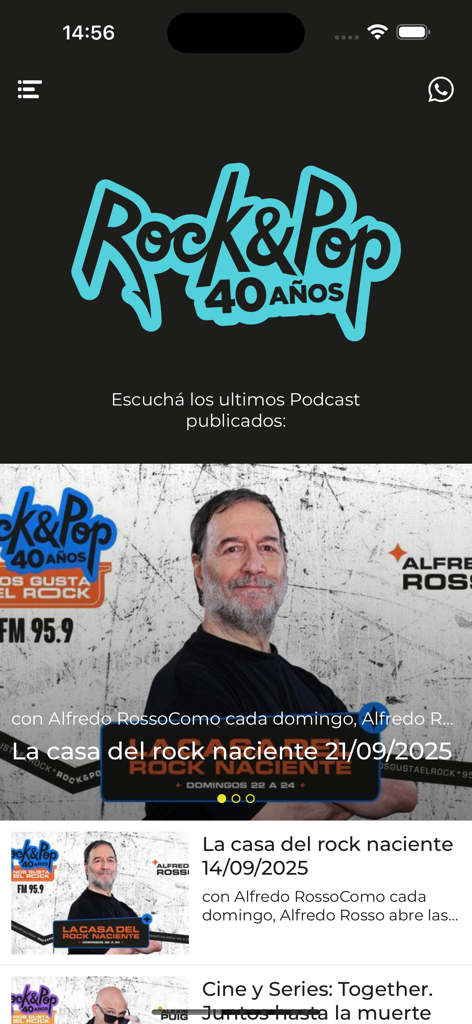 Rock & Pop - Interfaz de la app de radio Rock and Pop mostrando los últimos episodios de podcasts, incluyendo el de Alfredo Rosso