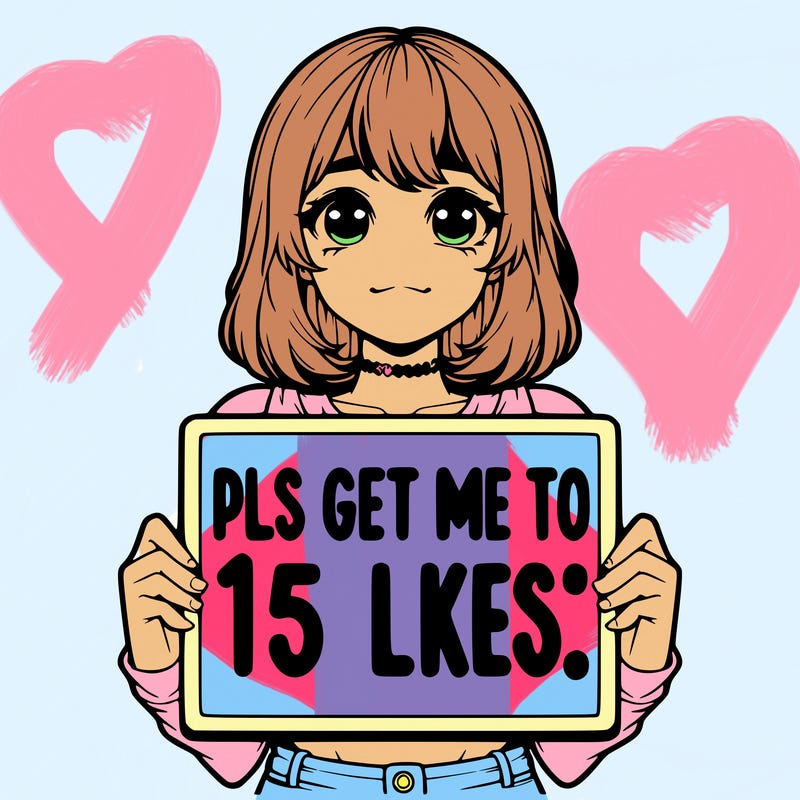 realistic girl holding up a sign that says “pls get me to 15 likes!”