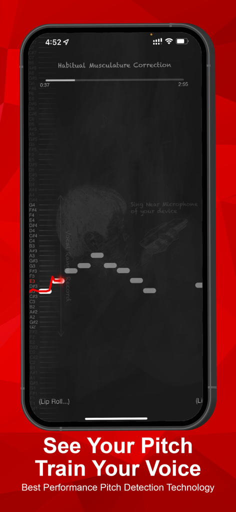 Aplicativo Sing Sharp mostrando detecção de afinação vocal em tempo real e feedback de treinamento em uma tela de smartphone