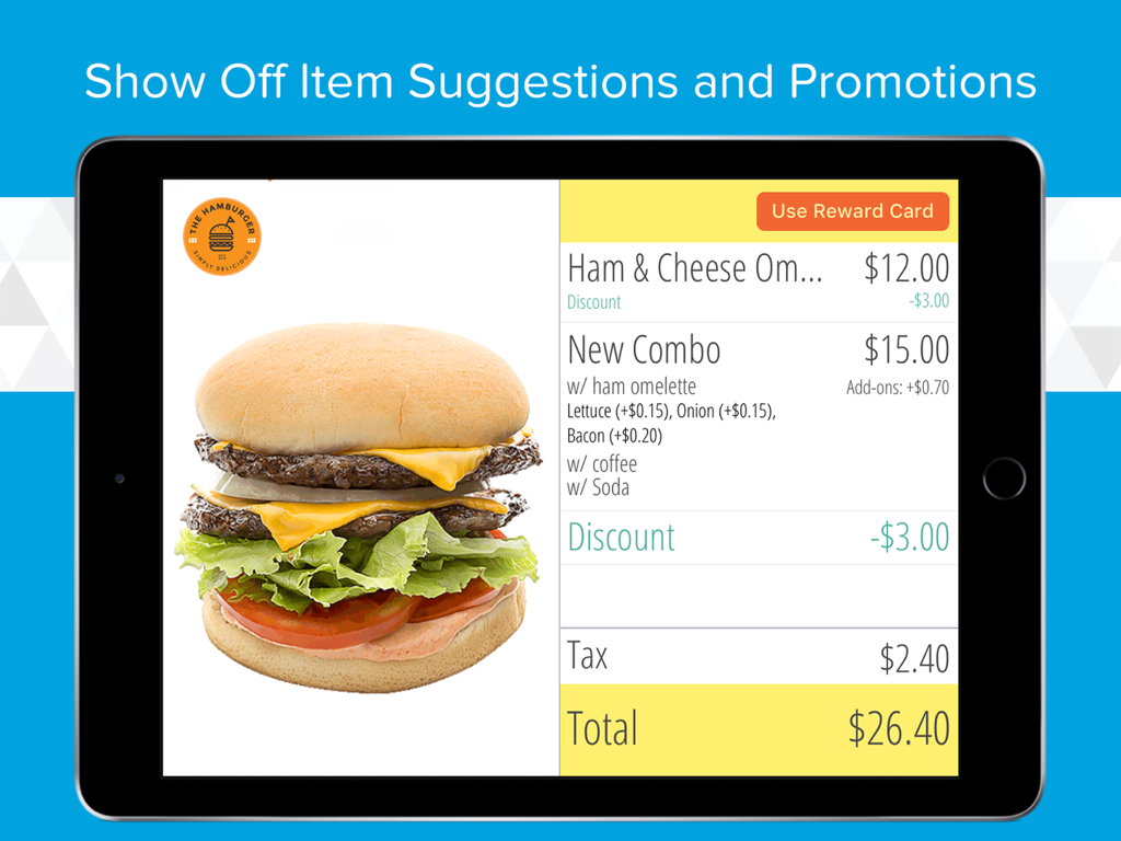 Revel CDS - 2.79 - iPad screen displaying the Revel Customer Display System with an itemized food order and a high quality burger image for promotions.