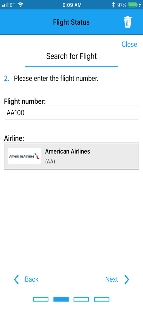 Una pantalla móvil que muestra el paso de búsqueda de vuelo donde un usuario introduce un número de vuelo y selecciona una aerolínea.