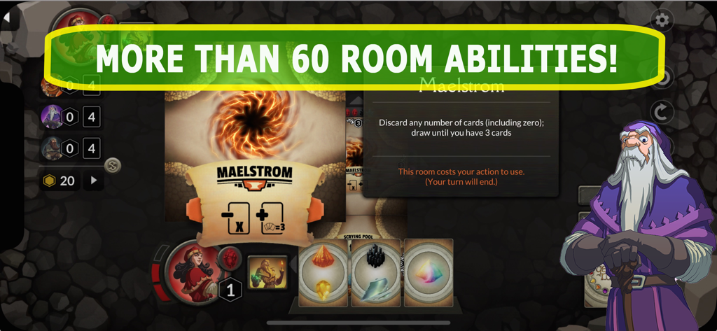 Gem Rush Strategy Board Game - Gem Rush Gameplay-Screenshot, der die Malstrom-Raumkarte und einen Zauberercharakter zeigt