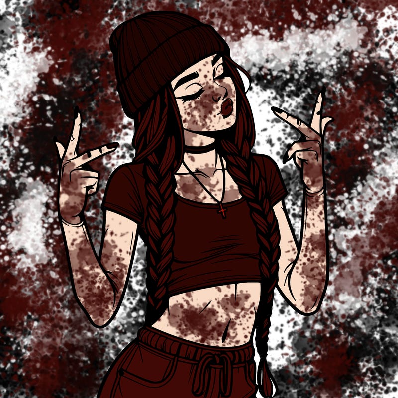 realistic teenage girl with braids and a beanie and crop top doing 🫶🏼