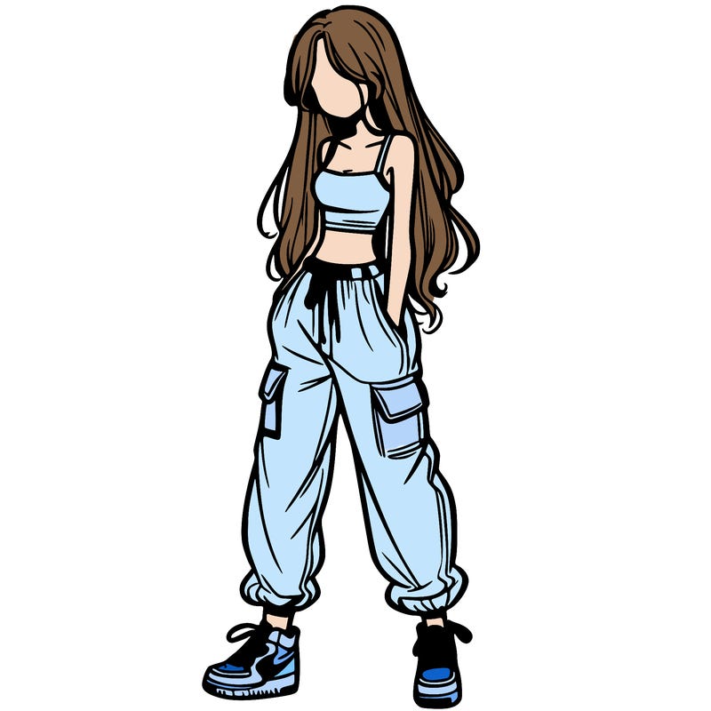 girl in baggy pants crop top and long hair