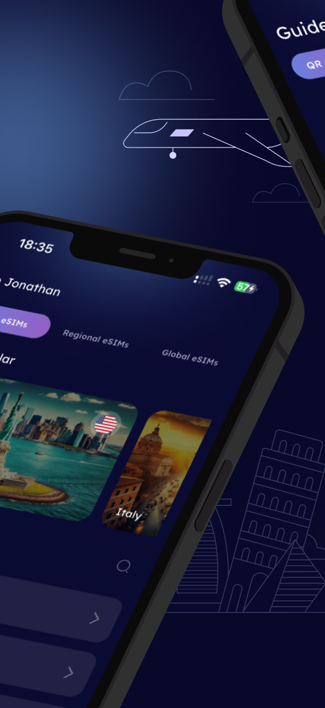 Simology app interface showing international eSIM data plans for travel destinations like the USA and Italy.