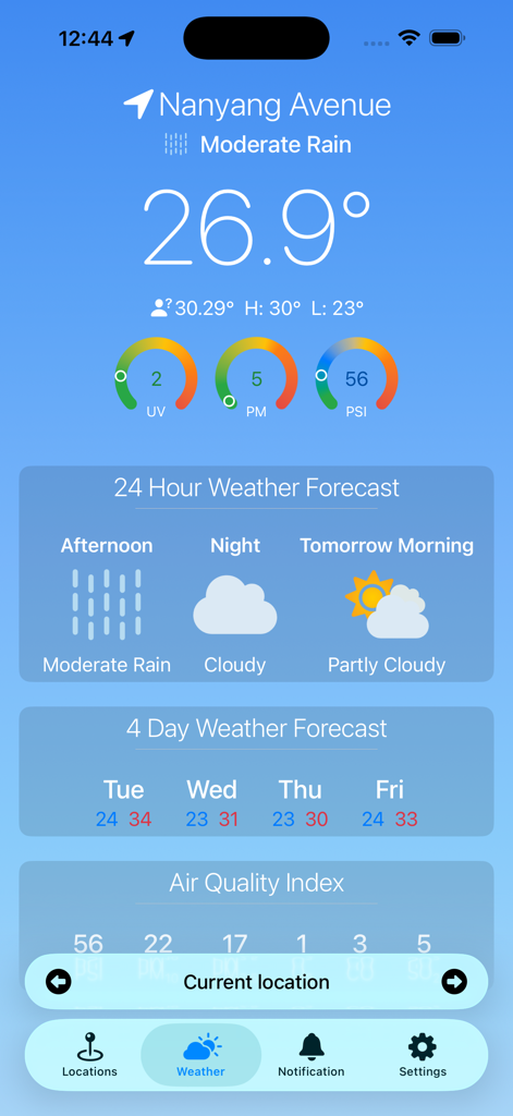SG Weather Application - SG Weather app showing current conditions and 4-day forecast for Nanyang Avenue.