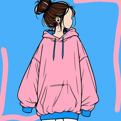 realistic girl with a oversized sweatshirt on and a bun