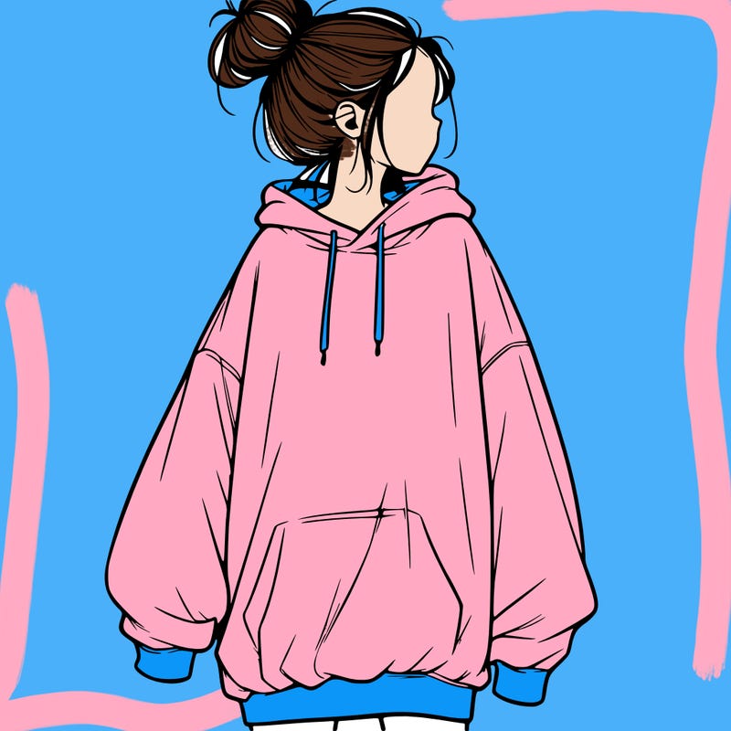 realistic girl with a oversized sweatshirt on and a bun