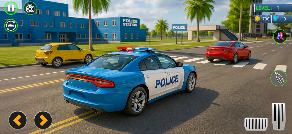 City Police War - Car Games 3D - Una simulación 3D de un coche de policía conduciendo por las calles de la ciudad cerca de una comisaría