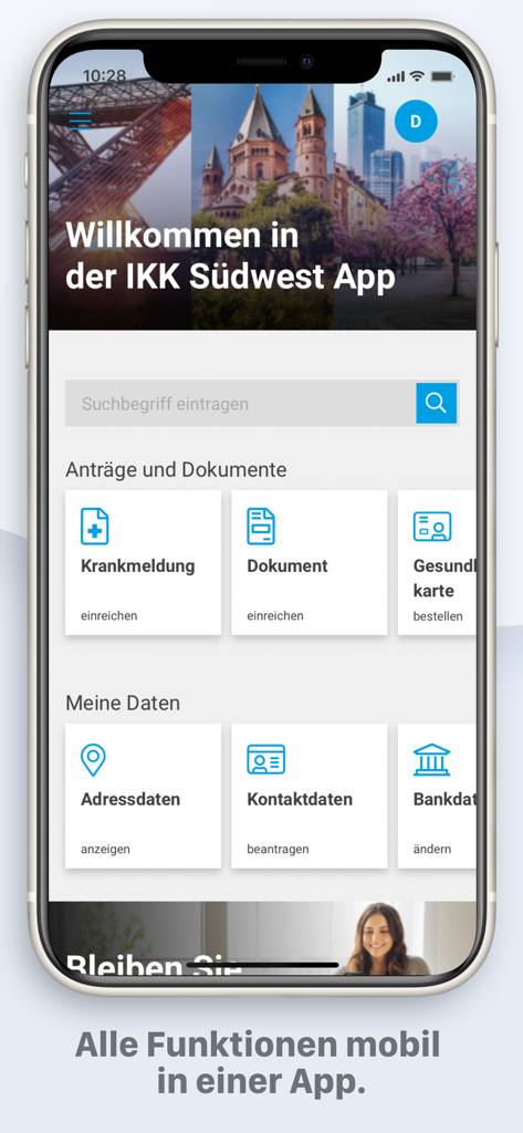 Das Haupt-Dashboard der IKK Suedwest Mobile App mit Optionen zum Einreichen von Dokumenten und zur Verwaltung persönlicher Daten.