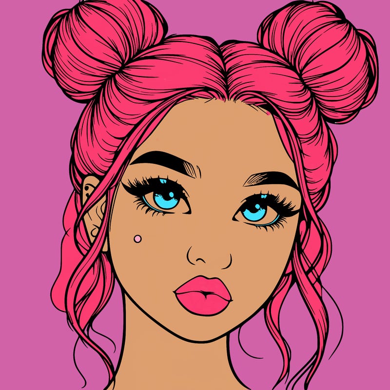 realistic girl with two buns on her hair and lips