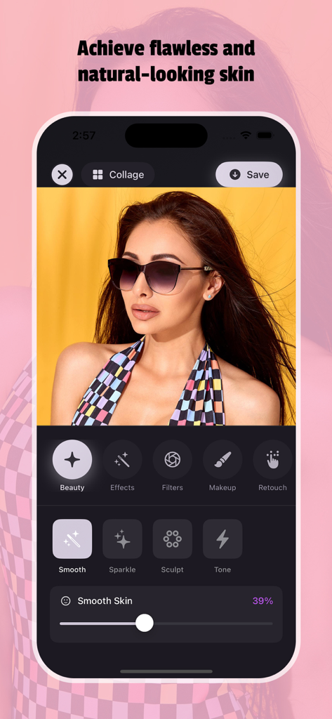 Photo Edit Studio+ - Interfaz de la aplicación Photo Edit Studio plus mostrando el control deslizante de suavizado de piel y herramientas de retoque en un retrato