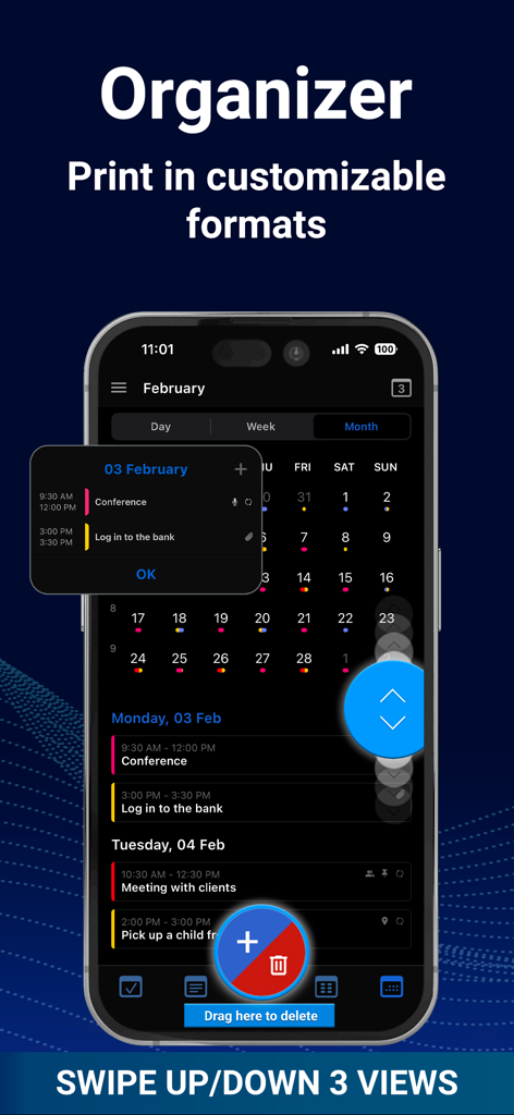 HUB: Calendar, Budget, Notes - Smartphone screenshot of the HUB app organizer feature displaying a monthly calendar and daily agenda with events.