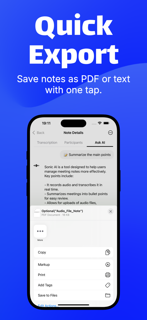 Sonic: Fast AI Transcriber - Una captura de pantalla móvil de Sonic AI que muestra la función de exportación rápida para guardar resúmenes de IA como archivos PDF o de texto.
